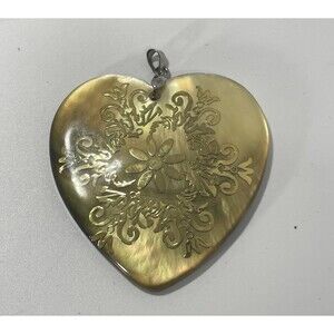 Mother of Pearl Heart Pendant Floral Engraved Shell Gold Iridescent